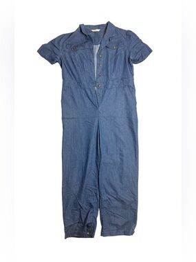Royal Monk Denim Button-Front Jumpsuit in Medium Blue